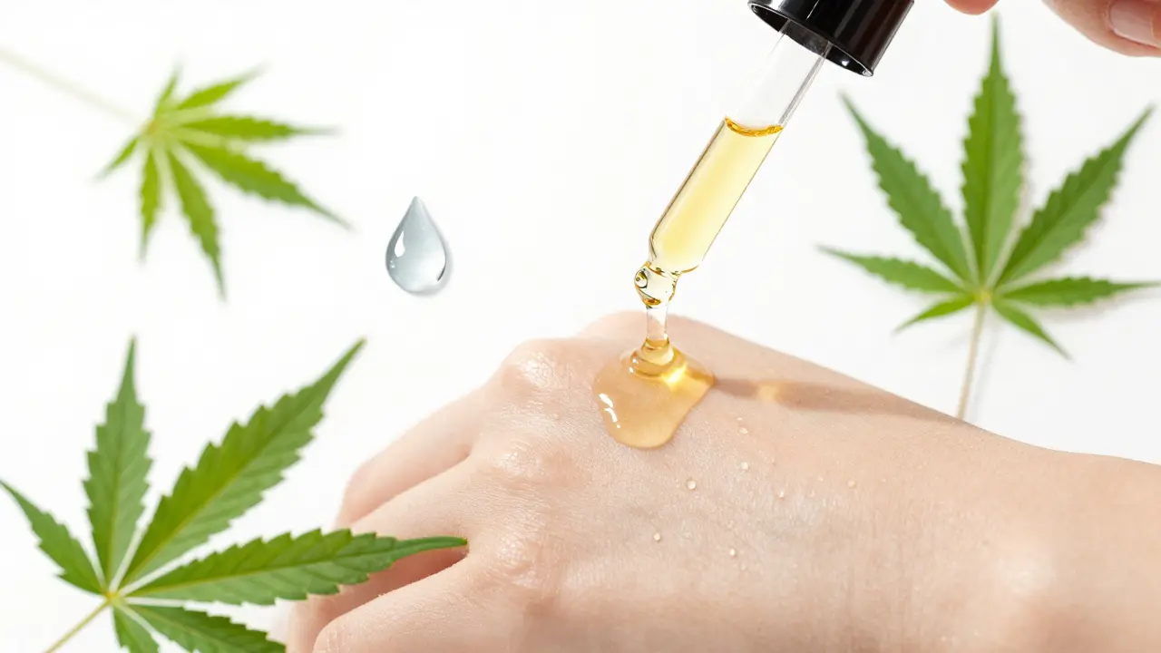 Kapečka CBD oleje na hydratační kůži s konopnými listy