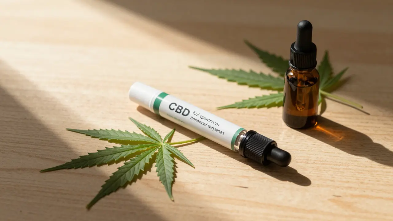 Kartaše s CBD destilátem vedle čerstvých konopných listů na stole
