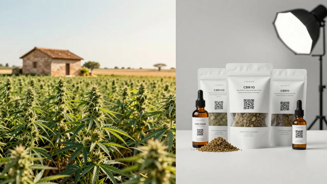 Koncept globálního trhu: španělská pole a balené CBD produkty s QR kódy.