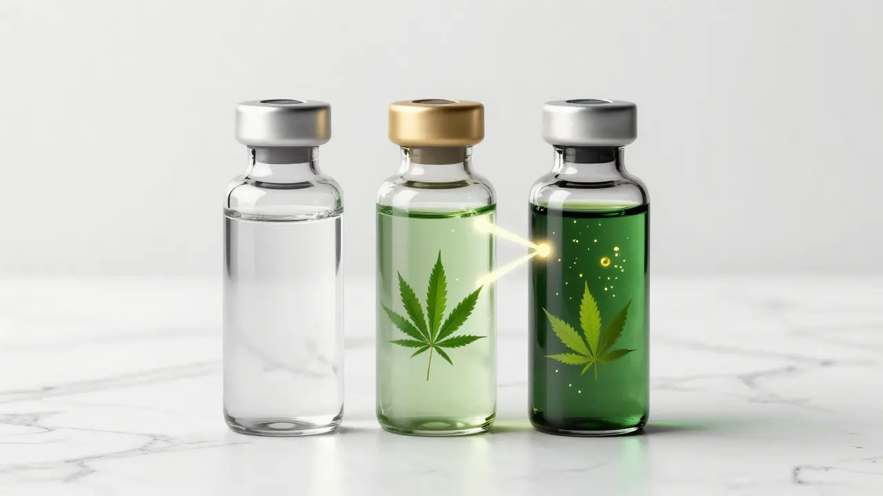Konceptuální ilustrace tří typů CBD extraktů: izolát, broad spectrum a full spectrum