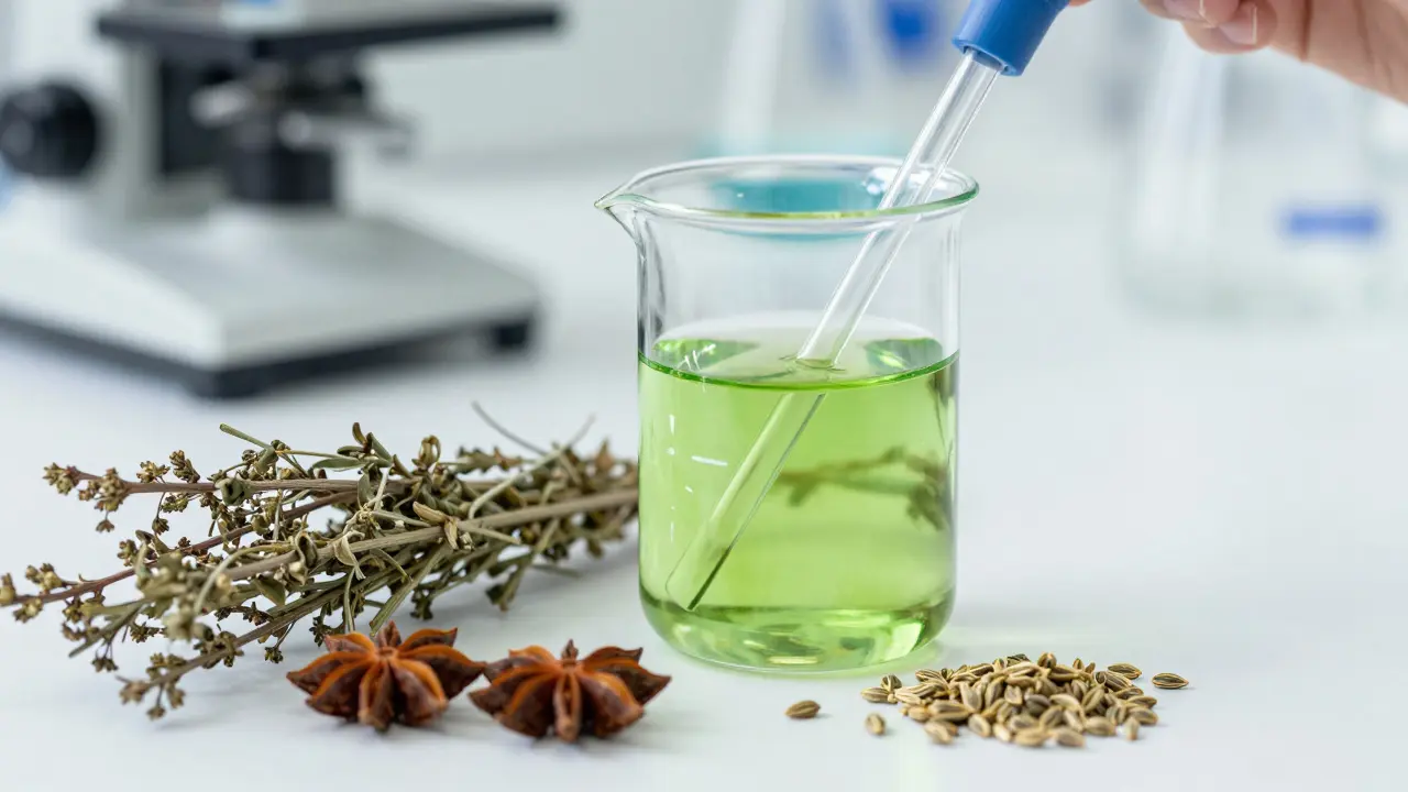 Laboratorní scéna s analyzovanou zelenou infuzí pelínku a sušenými bylinkami.