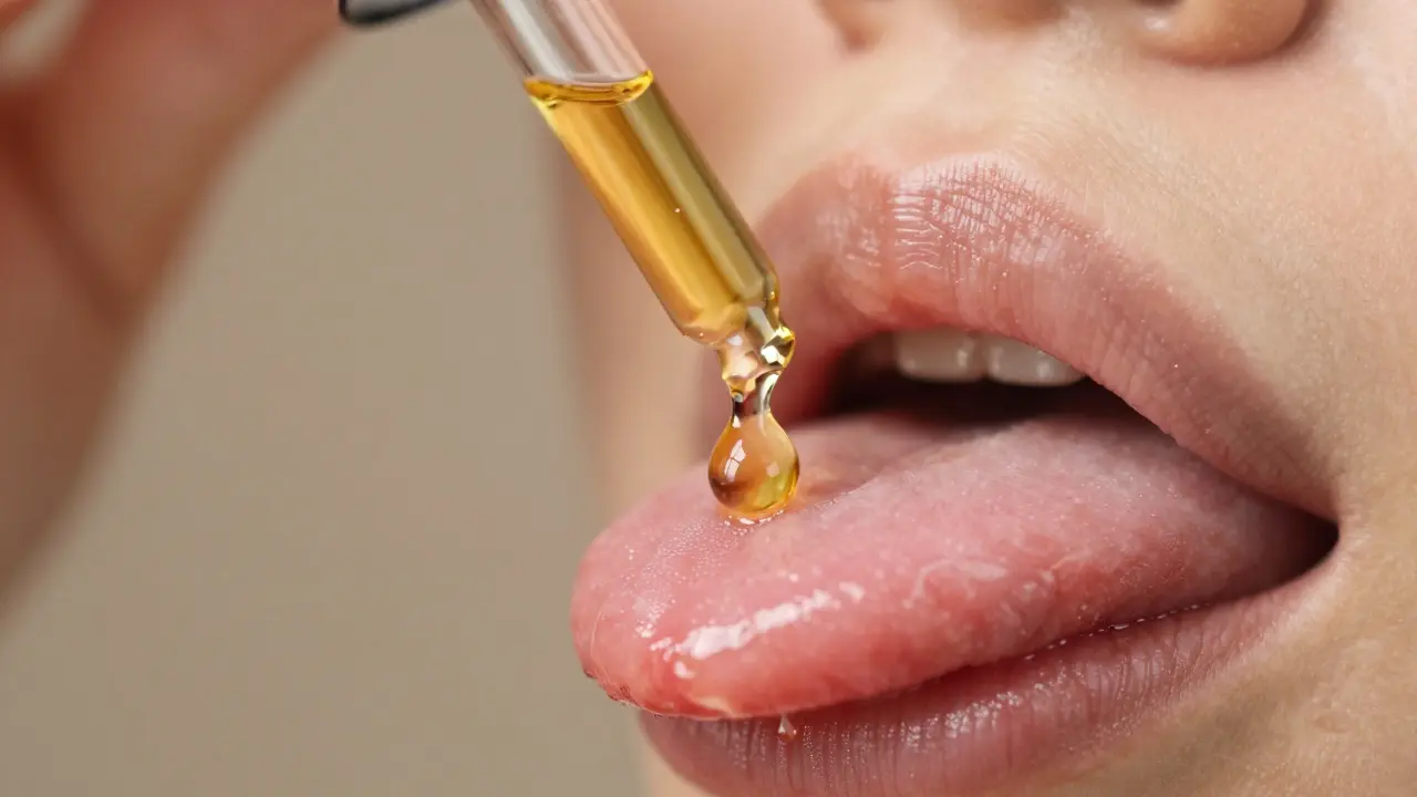 Makro záběr kápě CBD oleje pod jazyk pro sublinguální aplikaci