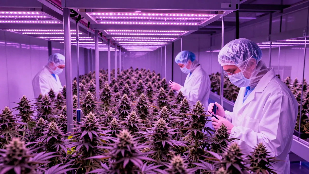 Moderní indoor farmářství marihuany s LED světly a techniky v bílých pláštích.