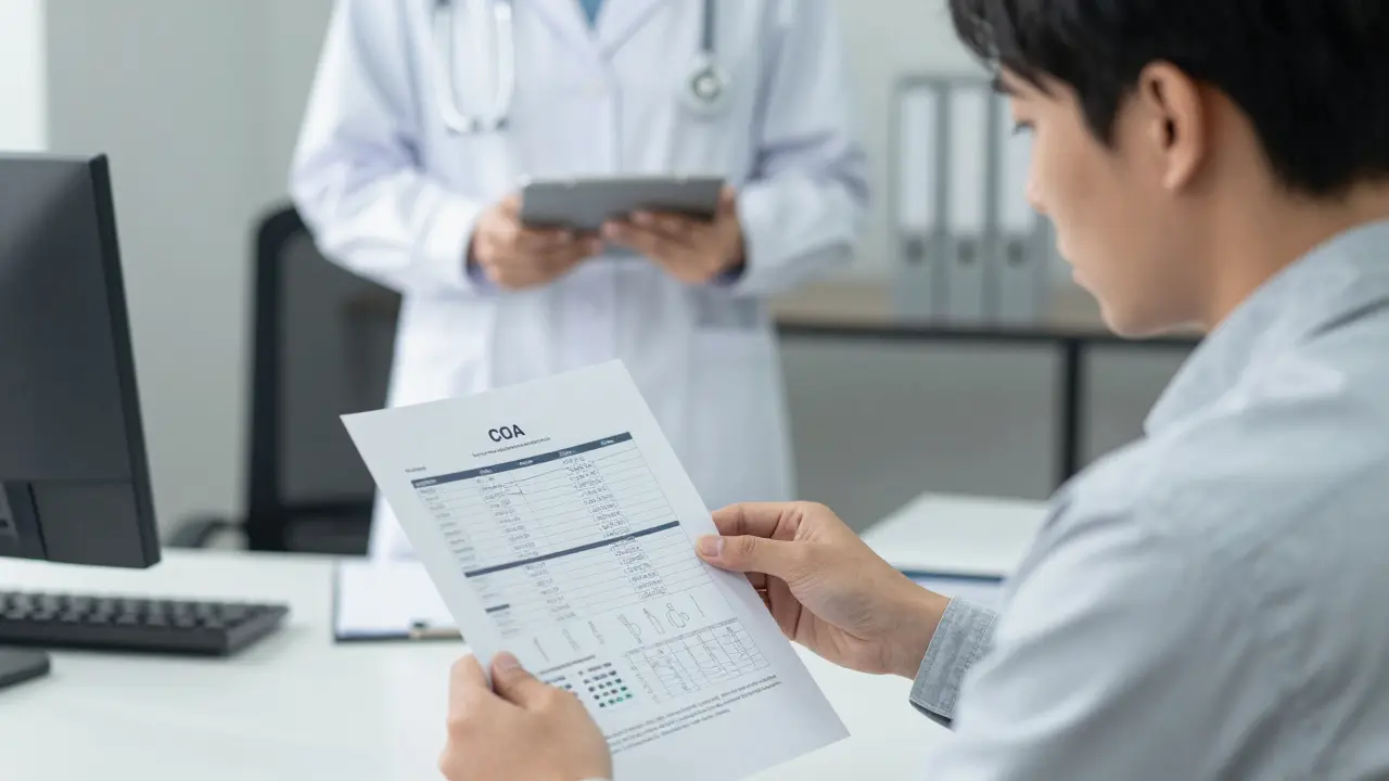 Zaměstnanec kontroluje certifikát analýzy CBD oleje