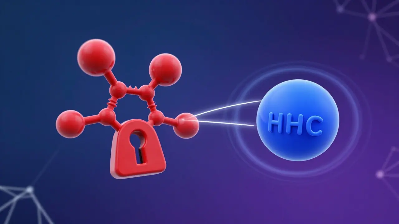 Abstraktní ilustrace molekul HHC a THC v interakci s receptory