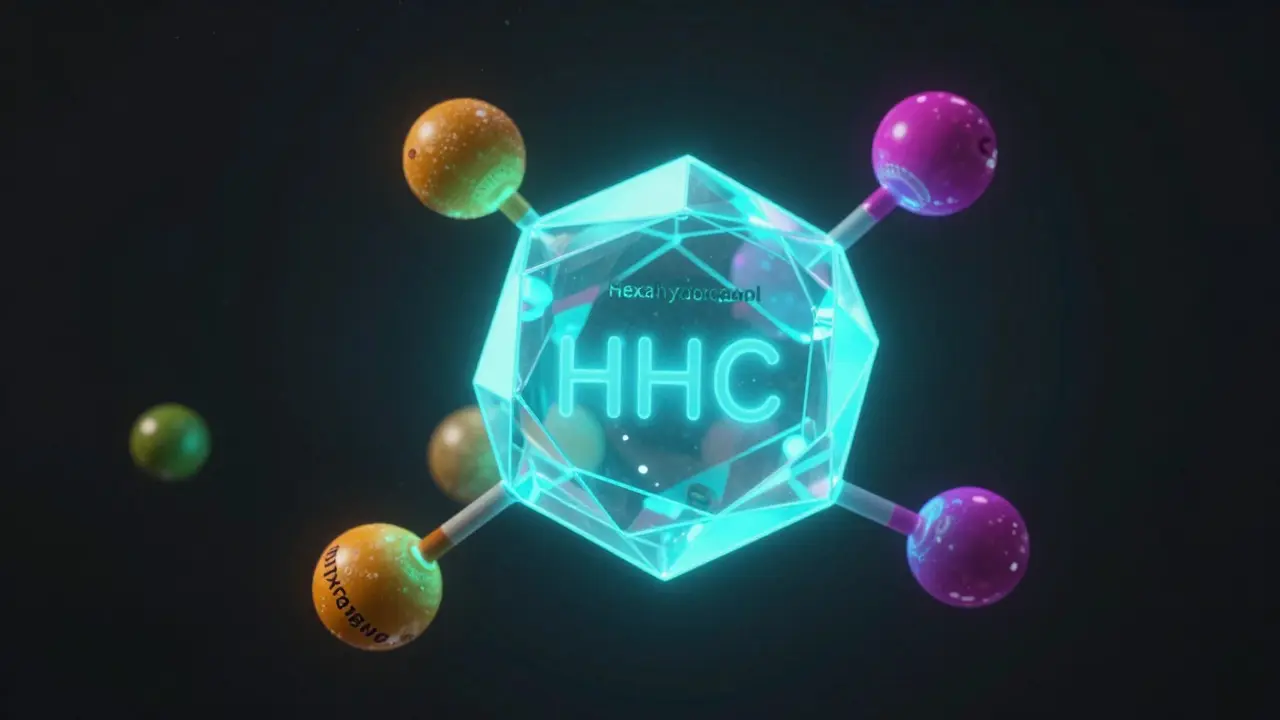 Abstraktní vizualizace molekuly HHC obklopené barevnými částicemi terpenů ve tmě