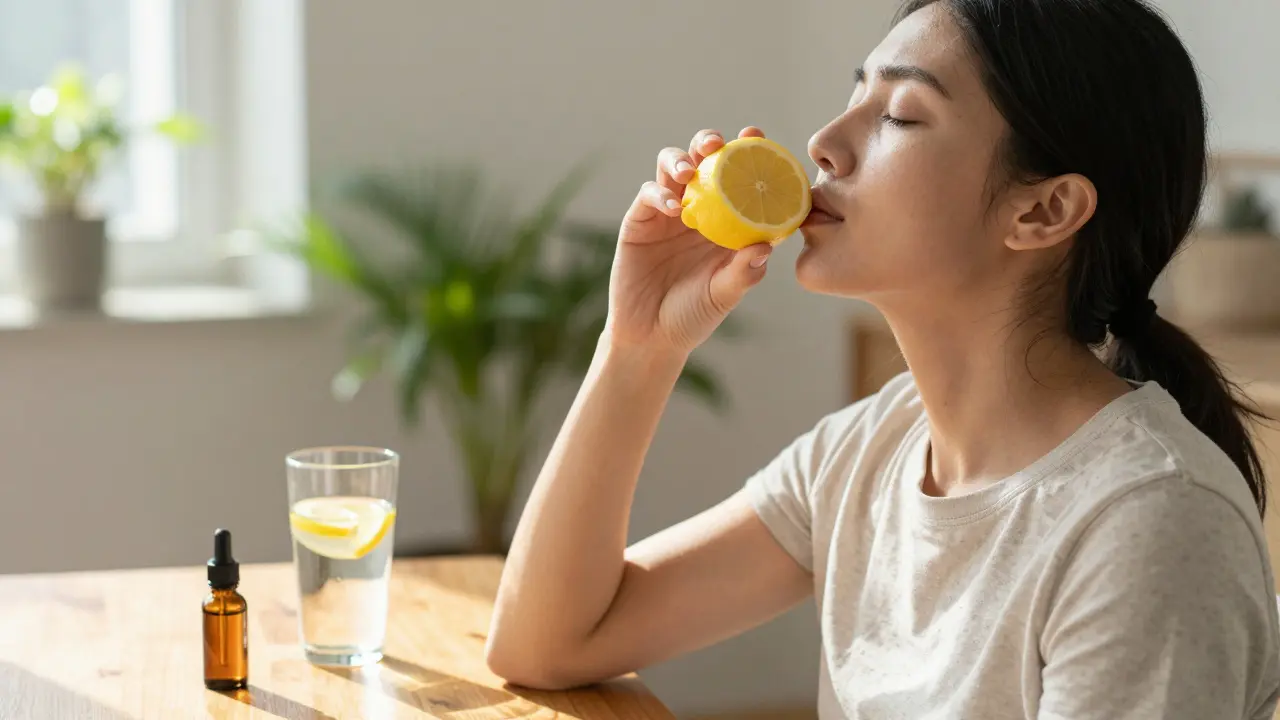 Klidná osoba inhaluje vůni citronu a používá CBD k zklidnění
