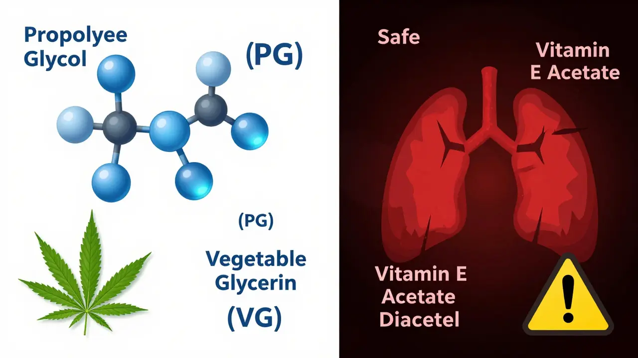 Konceptuální ilustrace porovnávající bezpečné PG/VG složky s nebezpečnými příměsi jako vitamin E acetát