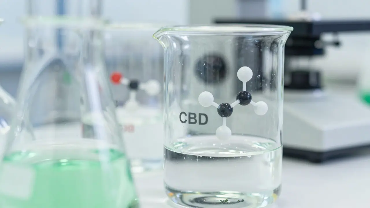 Laboratorní sklo s chemickými látkami představující syntézu