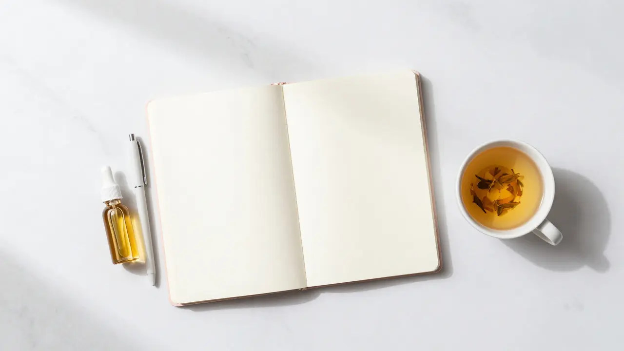 Notebook, pero a CBD olej na mramorovém stole při ranním světle