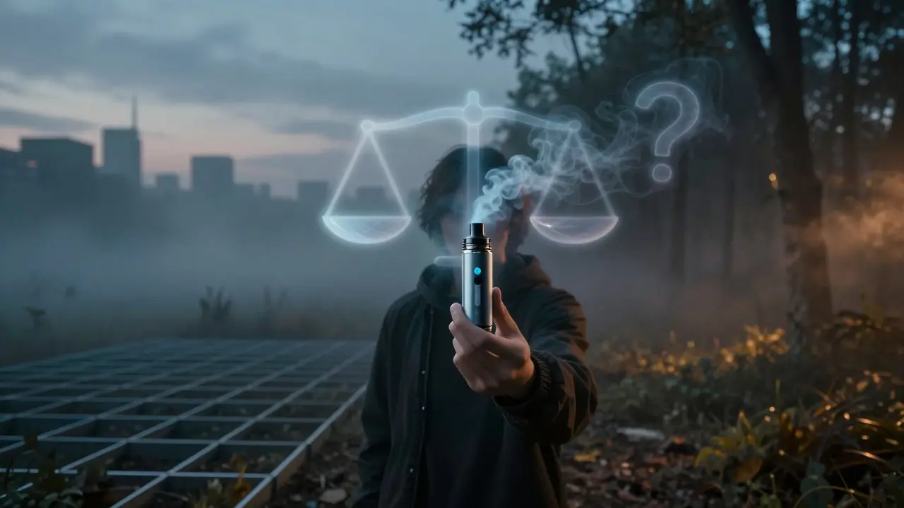 Osoba s vaporizérem v mlžné krajině symbolizující právní nejistotu