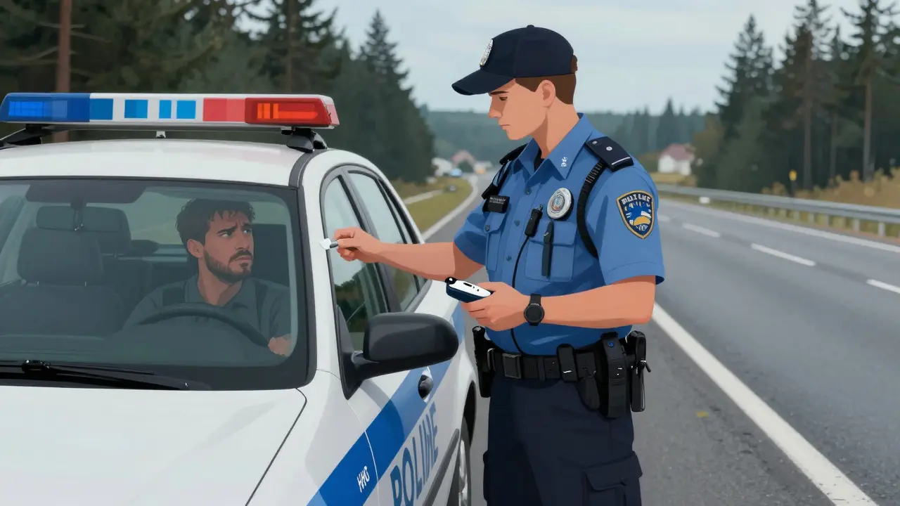 Policista provádí kontrolu řidiče u vozidla na české silnici