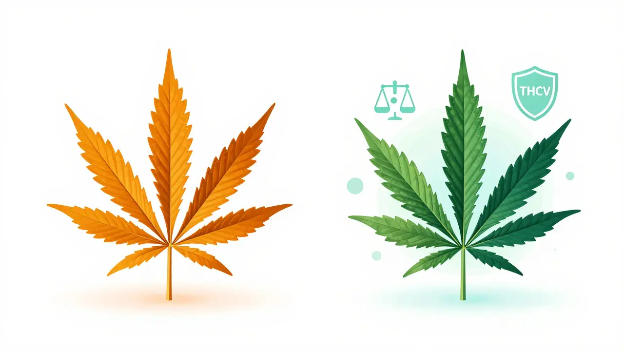 Porovnání listů konopí pro THC a THCV s metabolickými symboly