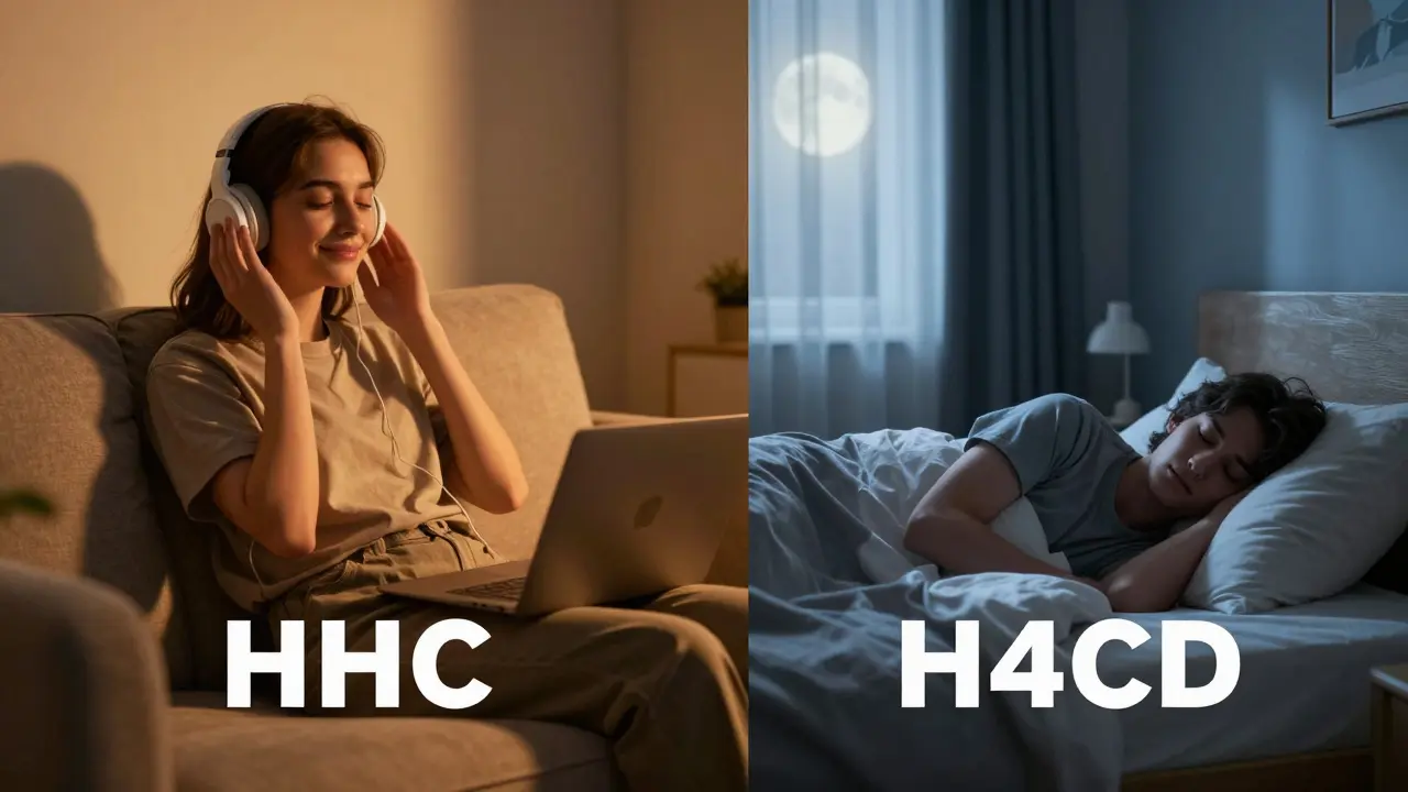 Rozdělená scéna: lehká relaxace s HHC a hluboký spánek s H4CBD