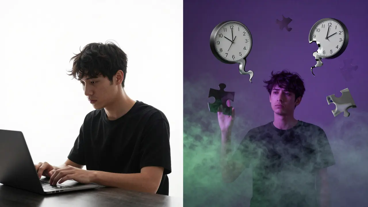 Surrealistické srovnání jasného myšlení a zmatenosti pod vlivem THC
