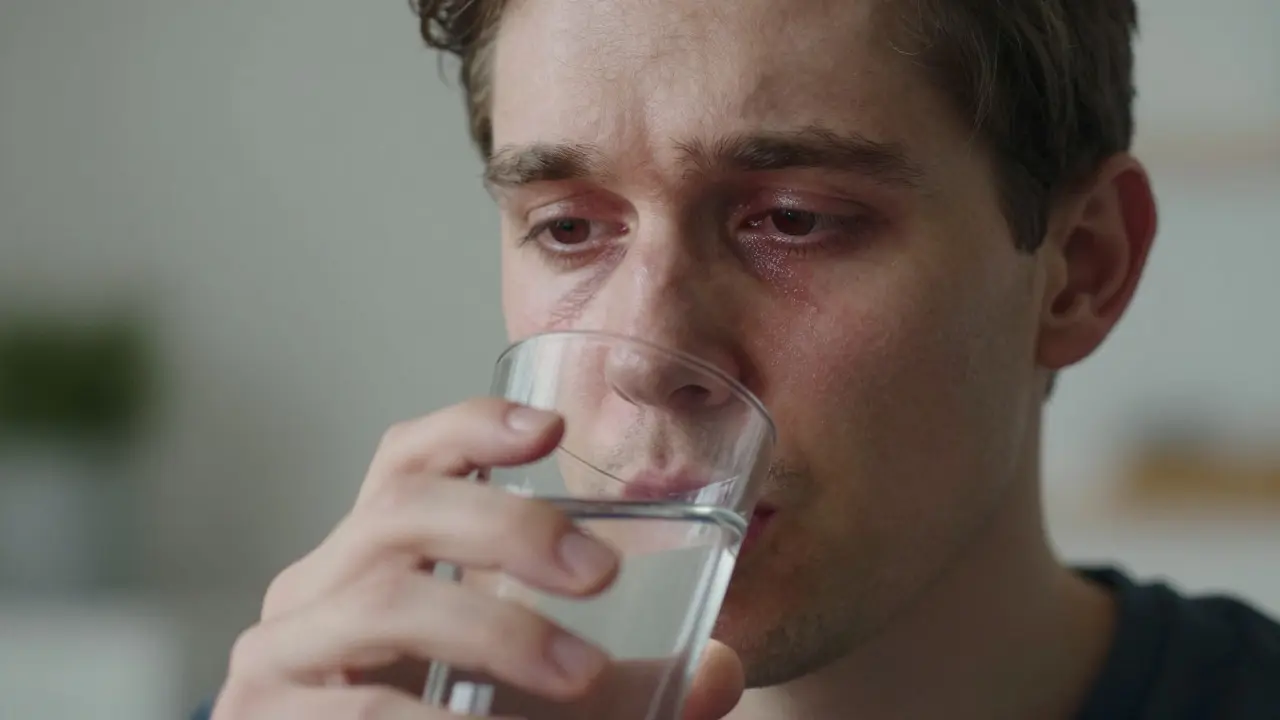 Záběr na člověka s červenýma očima pijícího vodu při videohovoru