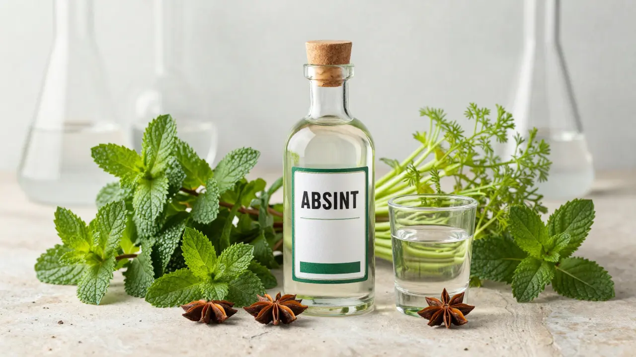 Bylinky jako pelyňek a anýz kolem lahve absintu symbolizují bezpečnost.