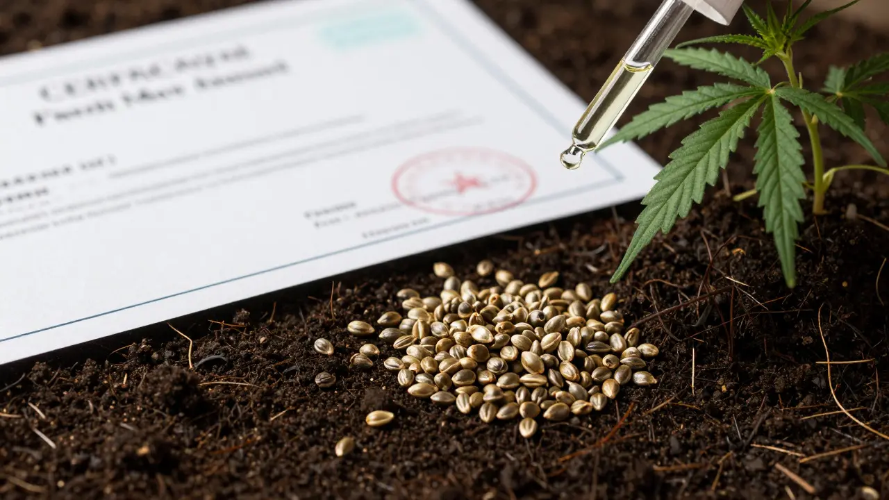 Hemp seeds on soil next to a blurred lab certificate and a small plant
