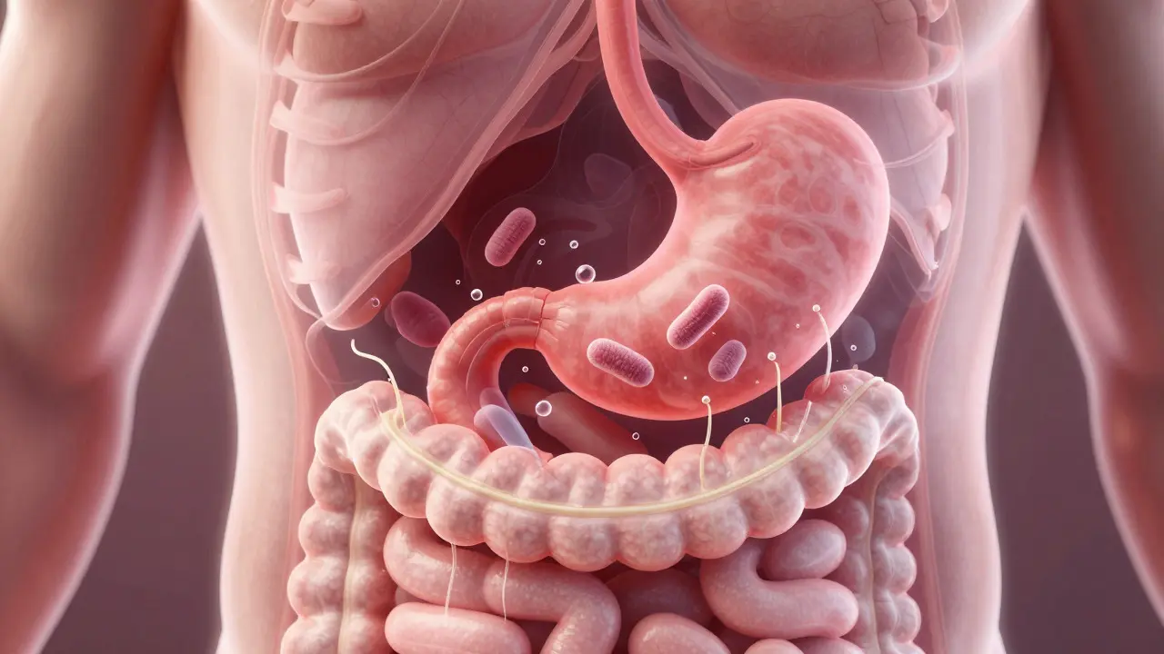 Illustration of digestive system showing fiber interaction and bloating in the gut