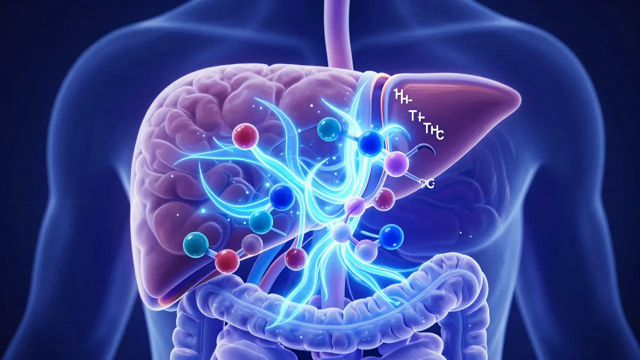 Ilustrace jater přeměňujících THC v metabolity