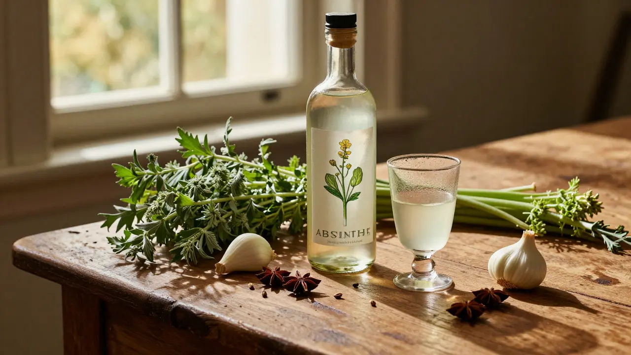 Ingredience absintu: hořka, anýz a fenikel vedle láhve a sklenice