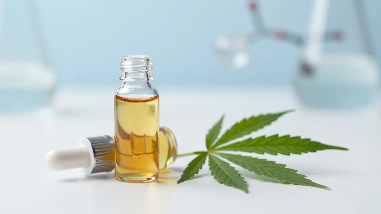 Kapátka s CBD olejem a konopný list v laboratorním prostředí
