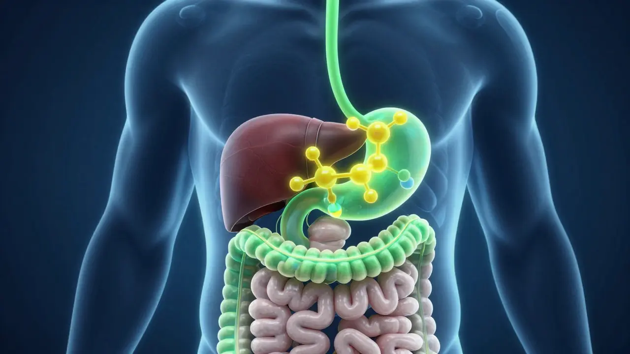 Konceptuální ilustrace metabolismu kanabinoidů v játrech při konzumaci jedlých forem