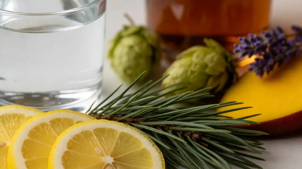 Makro fotografie citronů a borovice vedle chmele a levandule, ilustrující terpeny pro bdění a spaní.