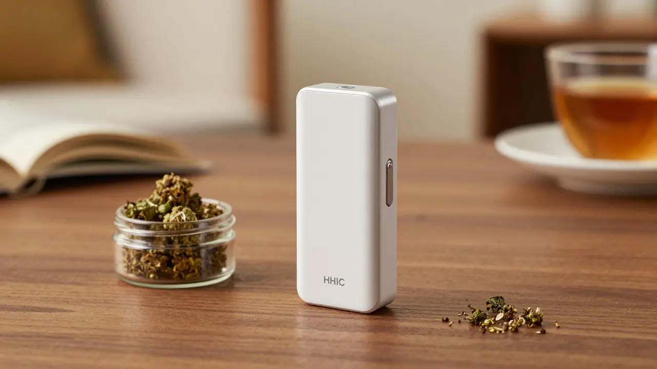 Moderní vaporizátor vedle sklenice s infuzovaným konopným květem na dřevěném stole