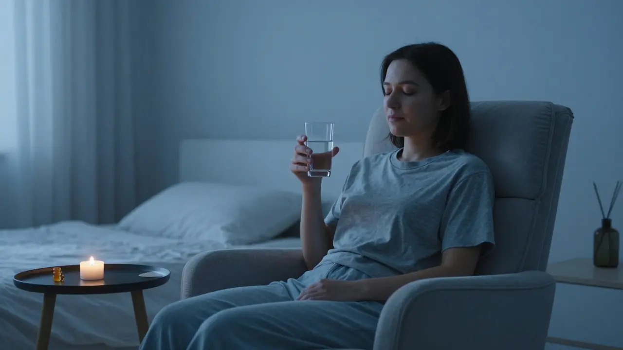 Osoba relaxuje v křesle večer a drží gummy medvídky a sklenici vody