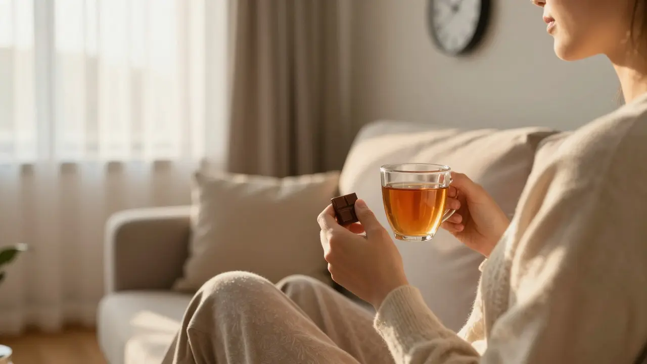 Osoba si užíva kousek CBD čokolády v klidném domovním prostředí