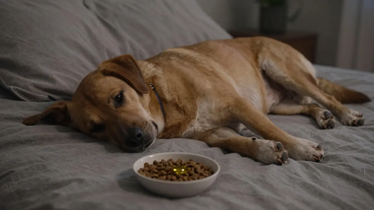 Relaxed dog resting beside a bowl of food