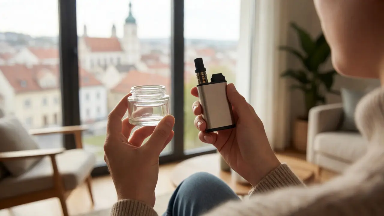 Člověk drží CBD shatter a vapovač v moderním interiéru
