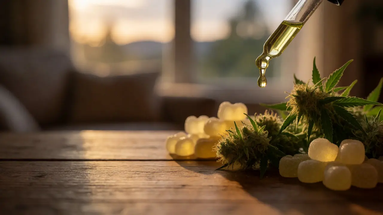 Detailní záběr na kapky CBD oleje, konopné květy a gummies na dřevěném povrchu