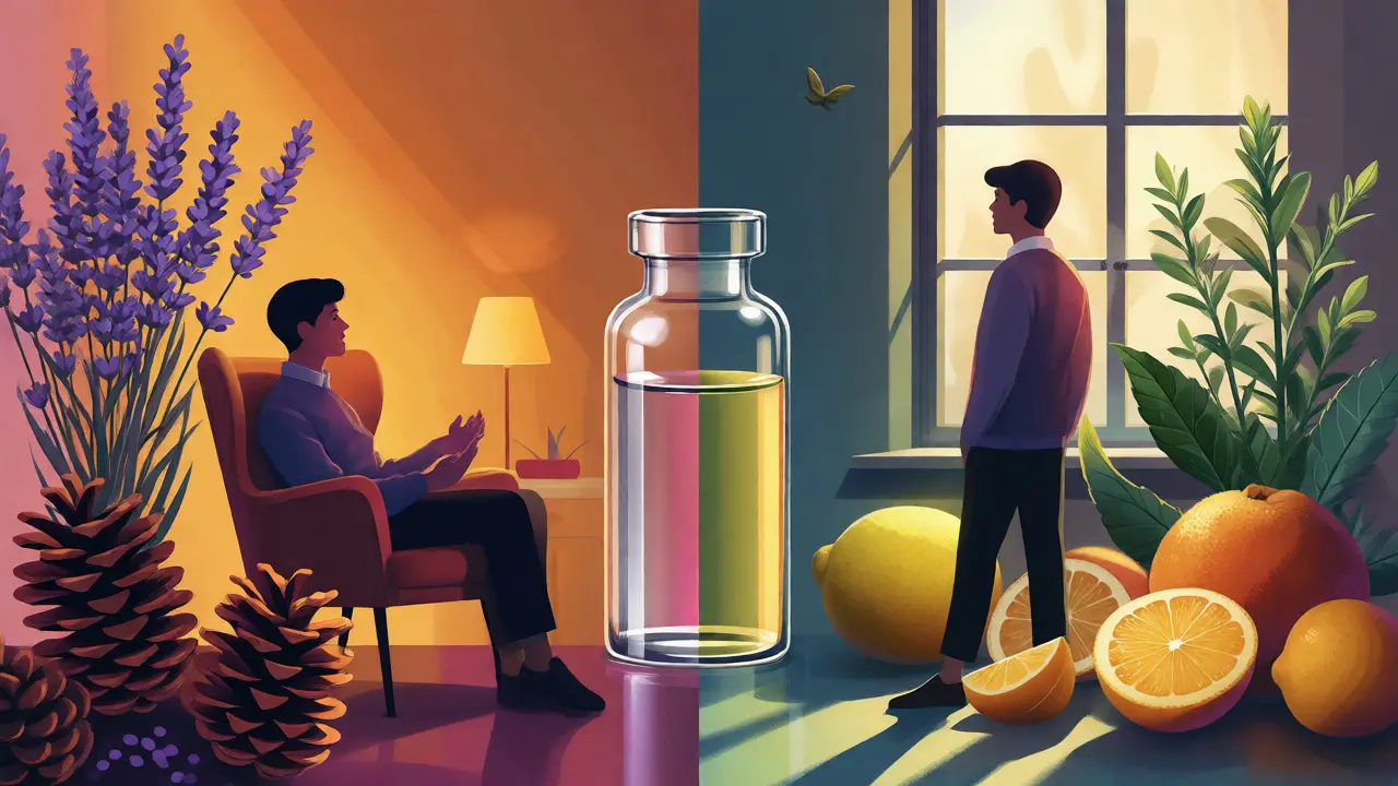 Konceptuální ilustrace porovnávající relaxační a povzbuzující účinky terpenu