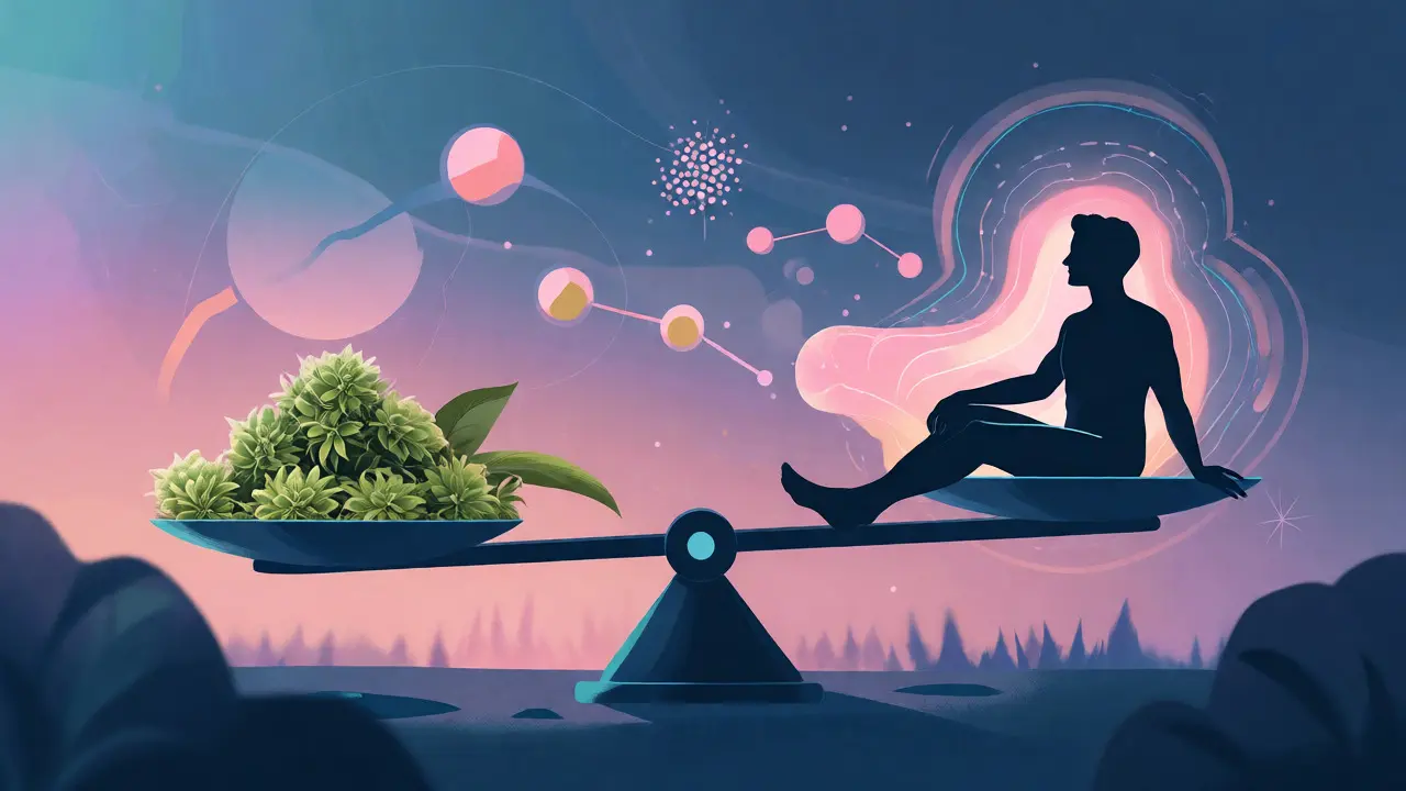 Konceptuální ilustrace vah mezi CBD květy a relaxovaným člověkem