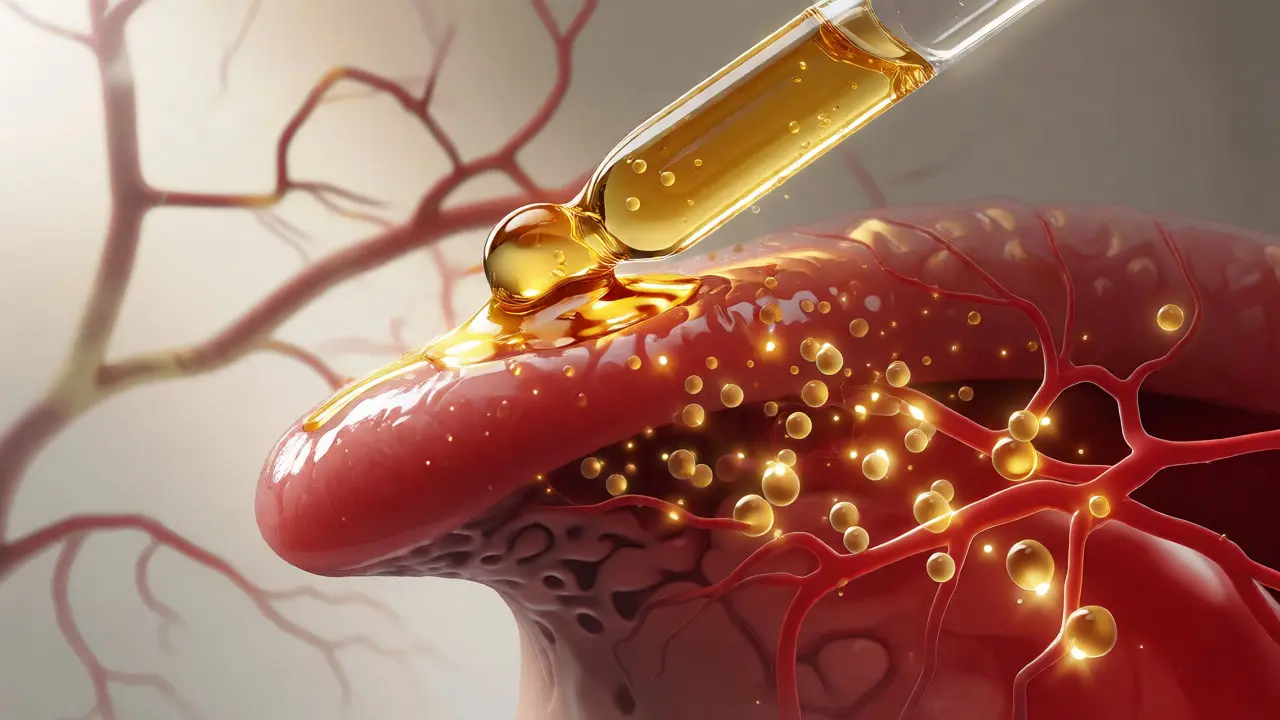 Konceptuální ilustrace vstřebávání CBD oleje pod jazykem do krevního oběhu.