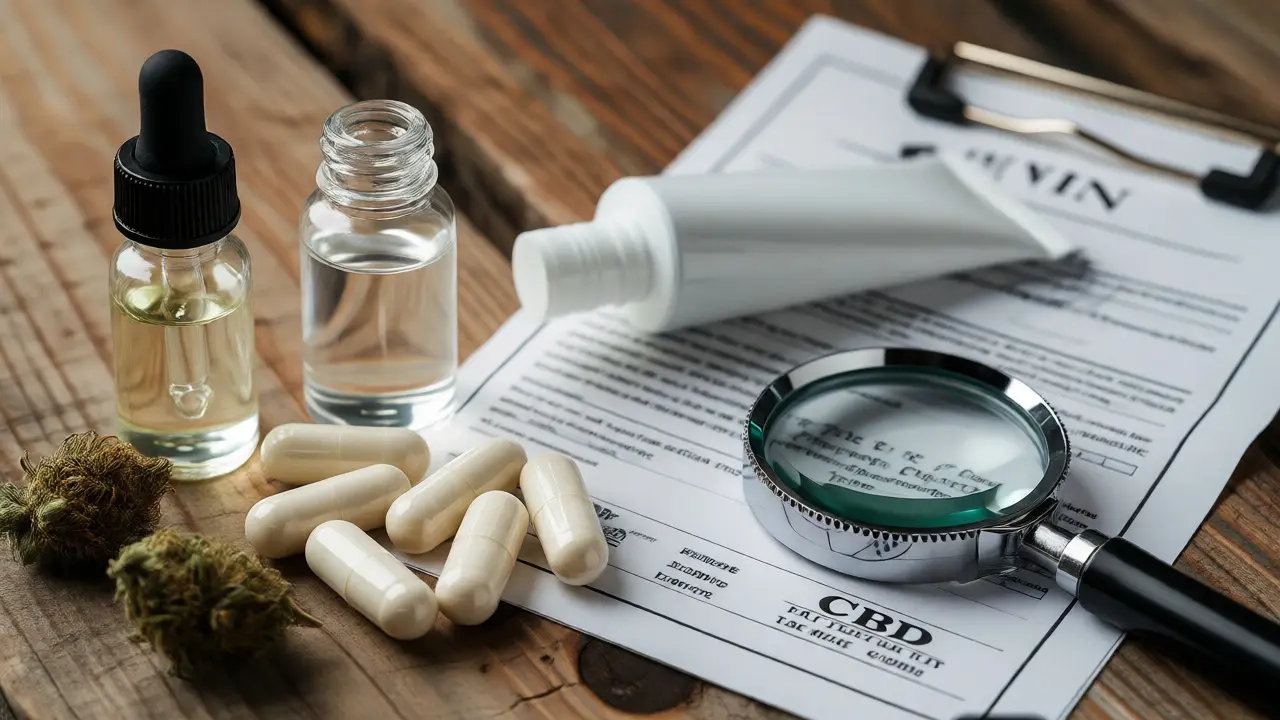 Makro fotografie různých forem CBD produktů a laboratorní analýzy na dřevěném stole.