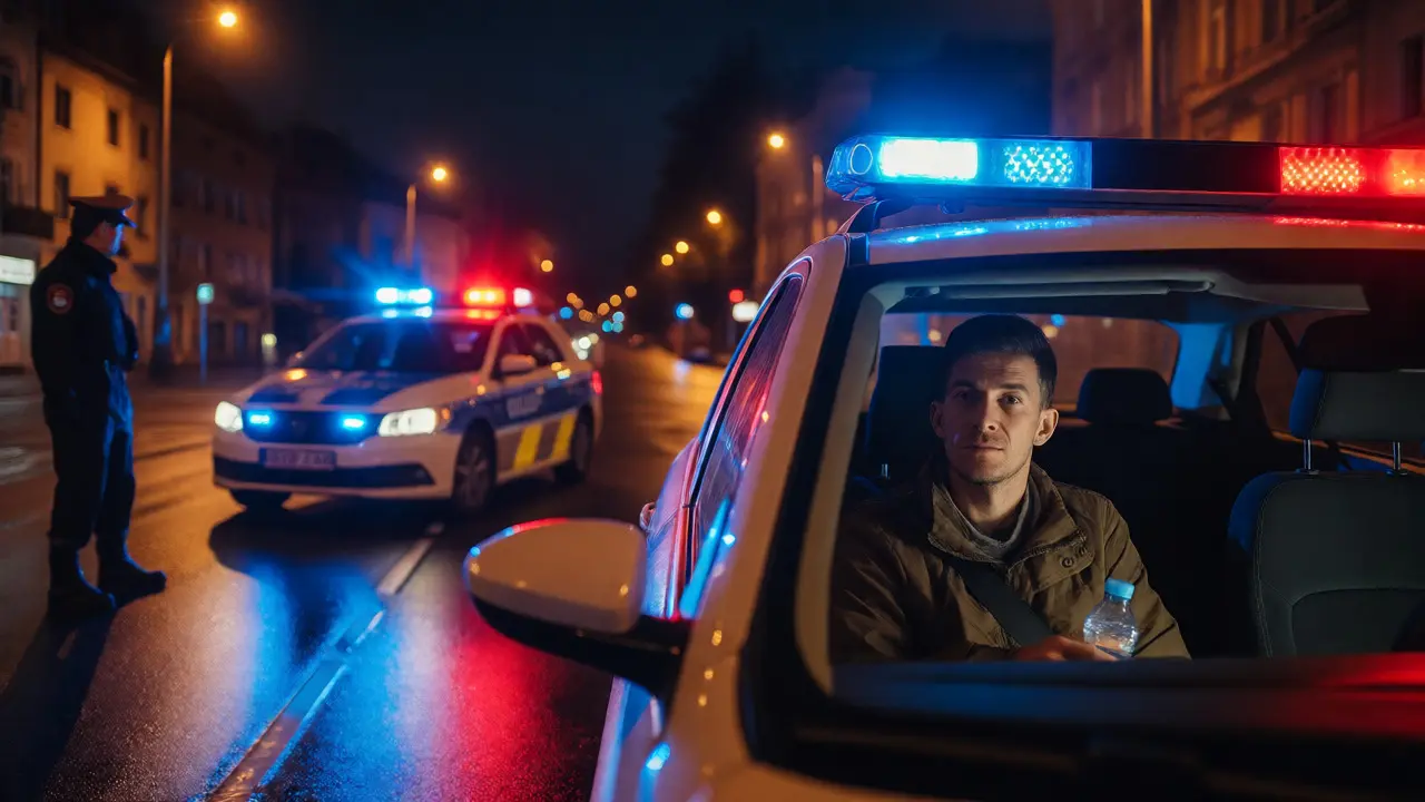 Noční silniční kontrola policie s řidičem v autě