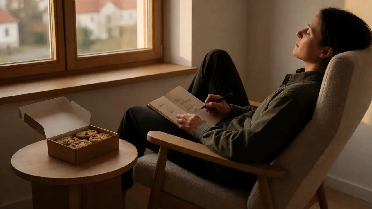 Osoba relaxující v křesle s krabicí CBD sušenek a deníkem u okna.