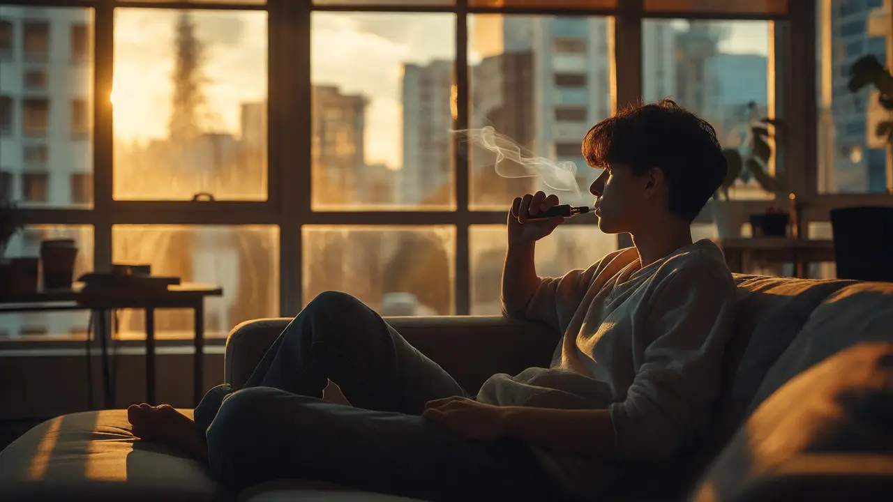 Person relaxing on a sofa using a vape pen near a window