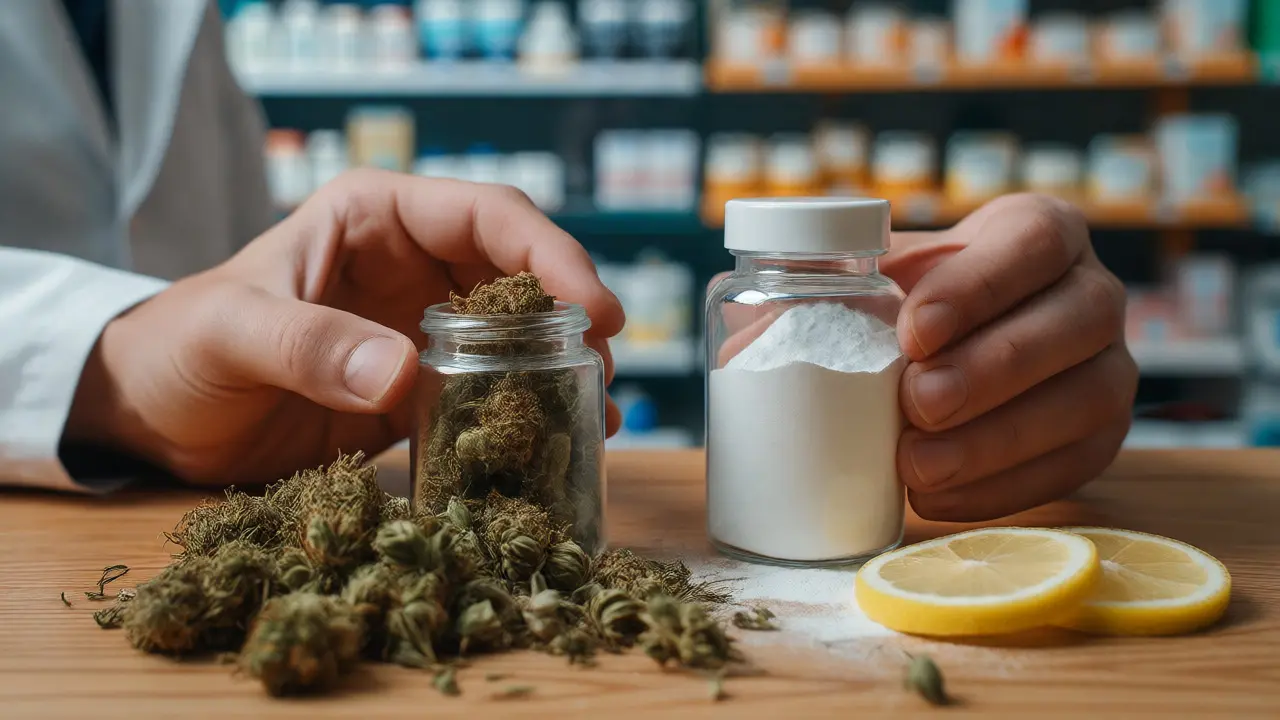 Ruce drží H4CBD květy a izolát CBD vedle citronových plátků