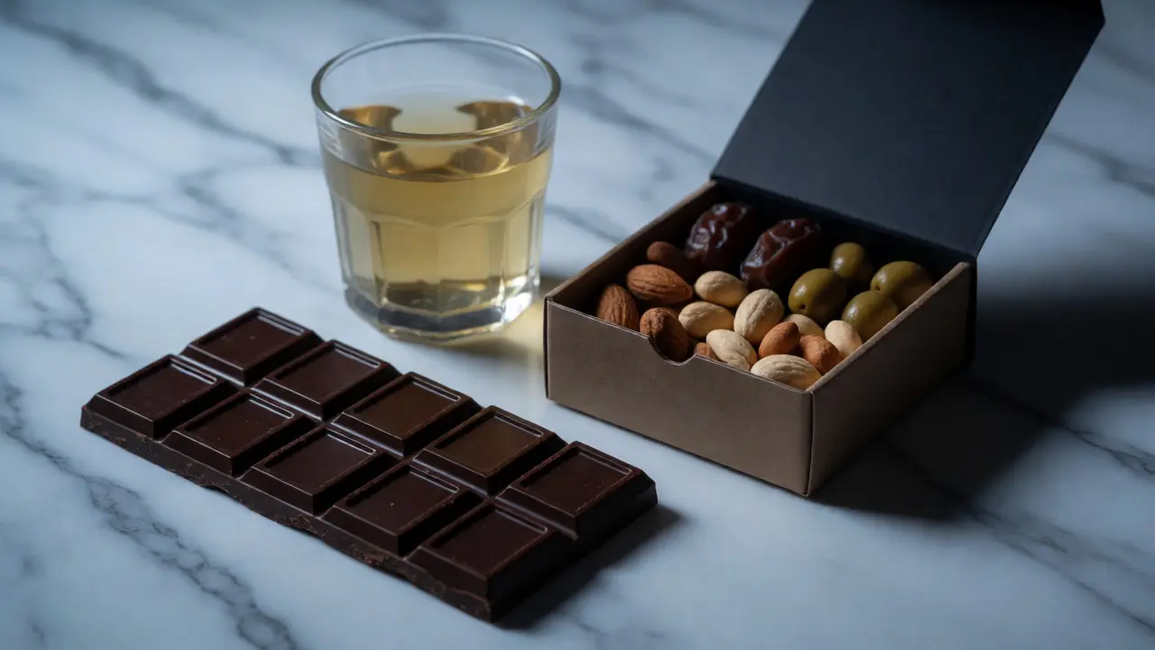 Tmavá čokoláda, zázvorový čaj a snack box s oříšky a datlemi