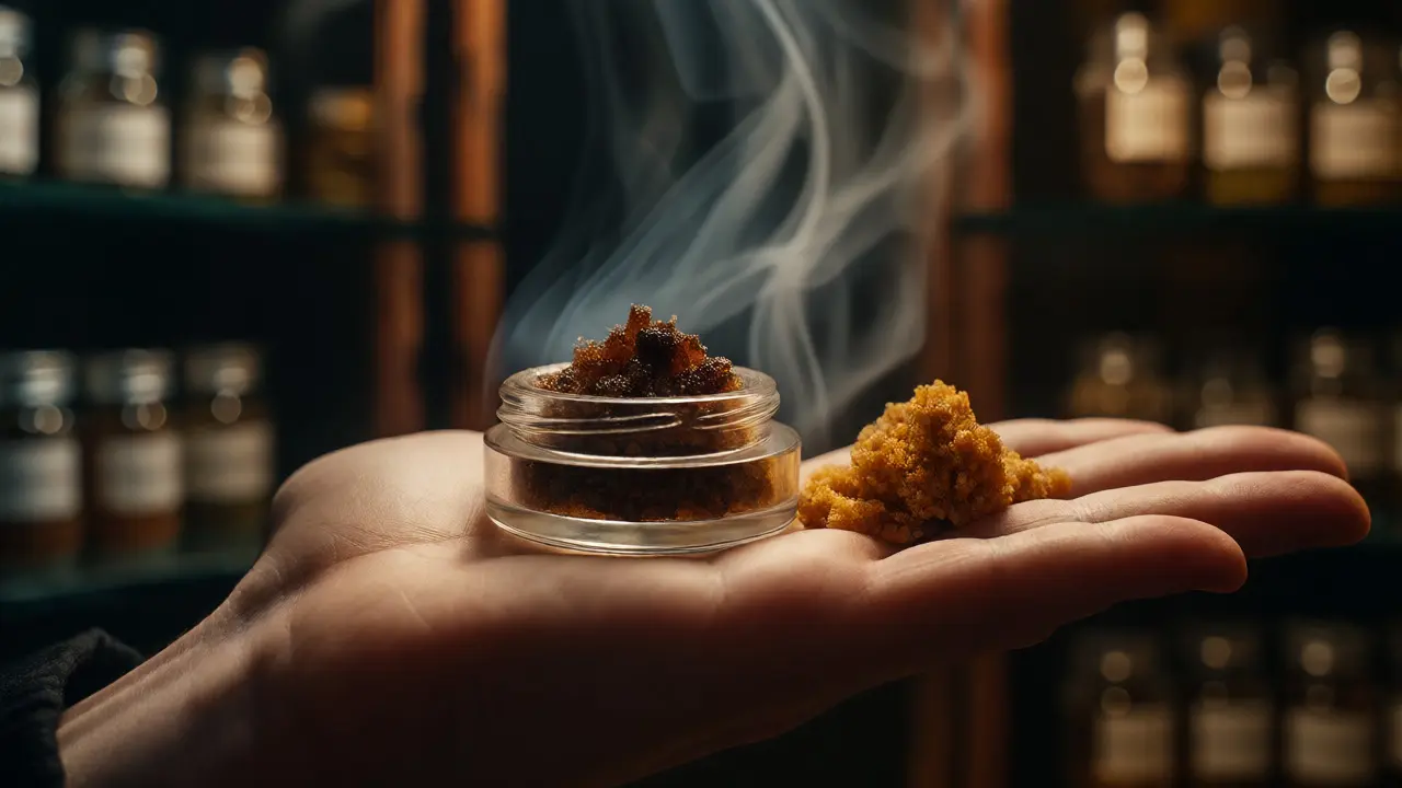 Tmavá zkažená CBD crumble vedle čerstvého vzorku