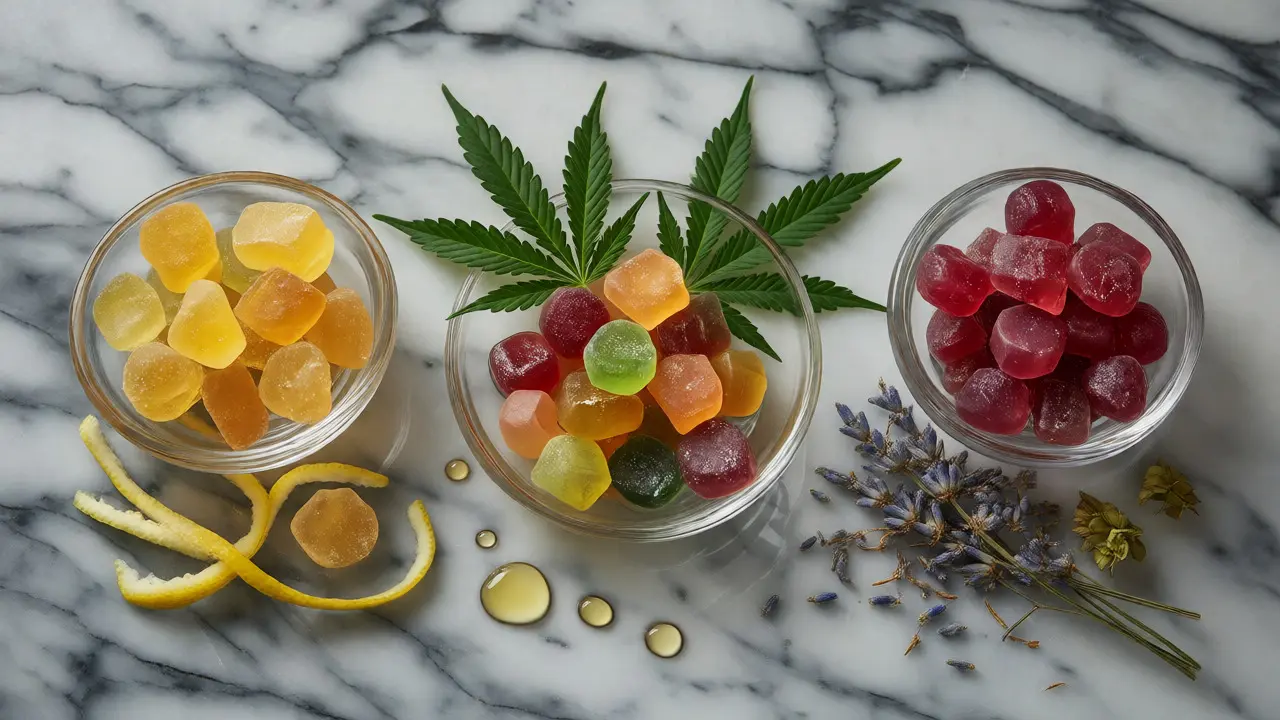 Tři misky barevných konopných gummies s citrony, kokosem a levandulí na mramorovém stole.