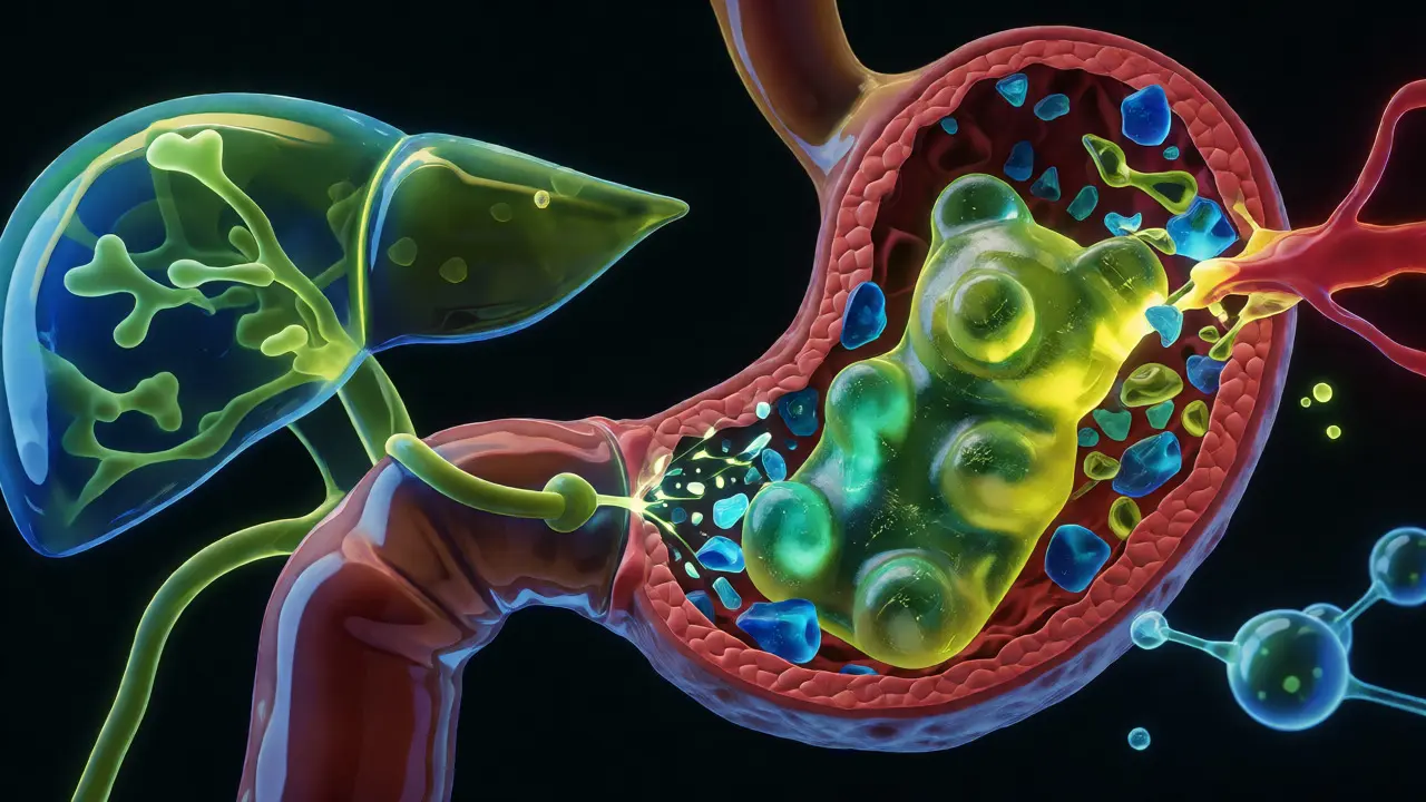 Abstraktní vizualizace trávení a metabolizace kanabinoidů v těle s zářícími částicemi