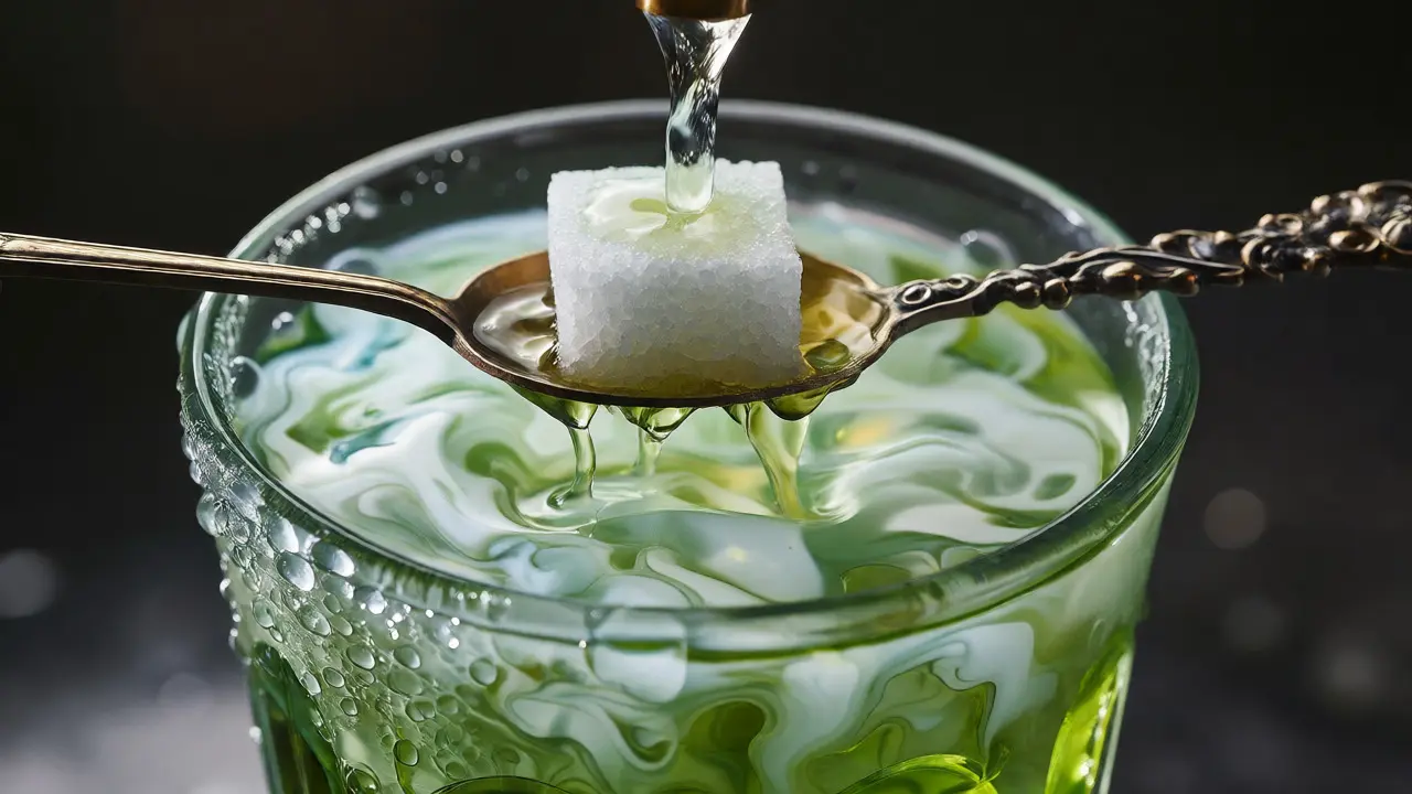 Detail louche efektu: mléčný zákal vznikající při přidávání vody do absintu