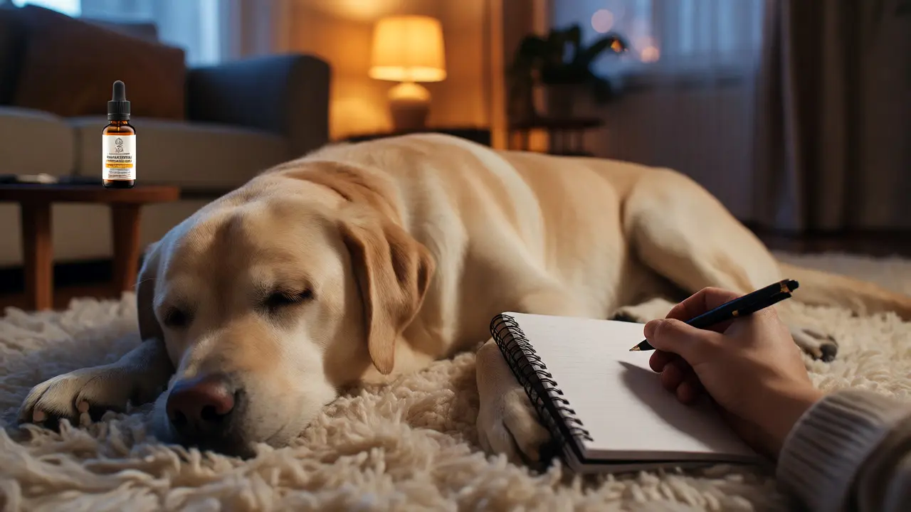 Klidně spící labrador vedle zápisníku a lahvičky CBD
