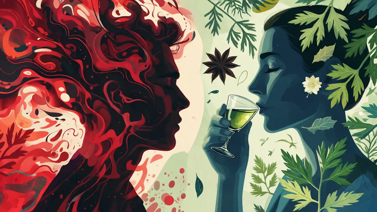 Konceptuální ilustrace bezpečného pití absintu s bylinkami a varovnými barvami