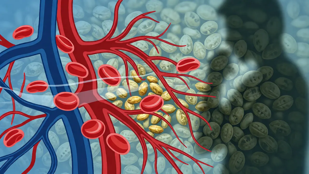 Konceptuální ilustrace interakce omega-3 z konopí s léky na ředění krve.